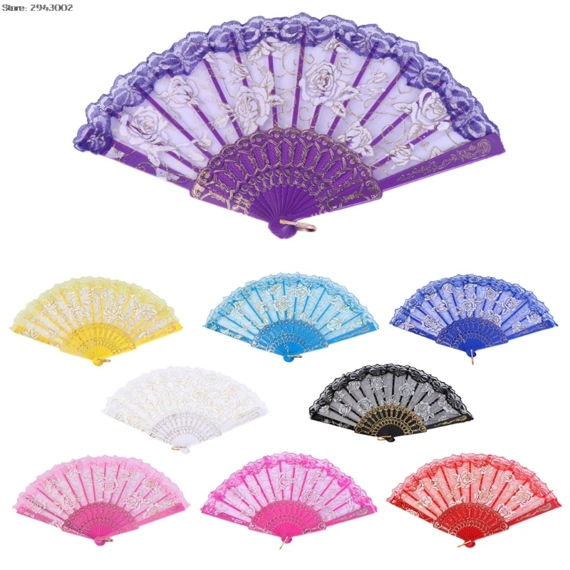 

Vintage Chinese Flowers Silk Lace Folding Hand Held Fan Wedding Dancing Party Prom Decor
