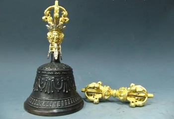 

USPS to USA S0701 7"Nepal Buddhism Bronze Gild made Ghanta and Vajra Set