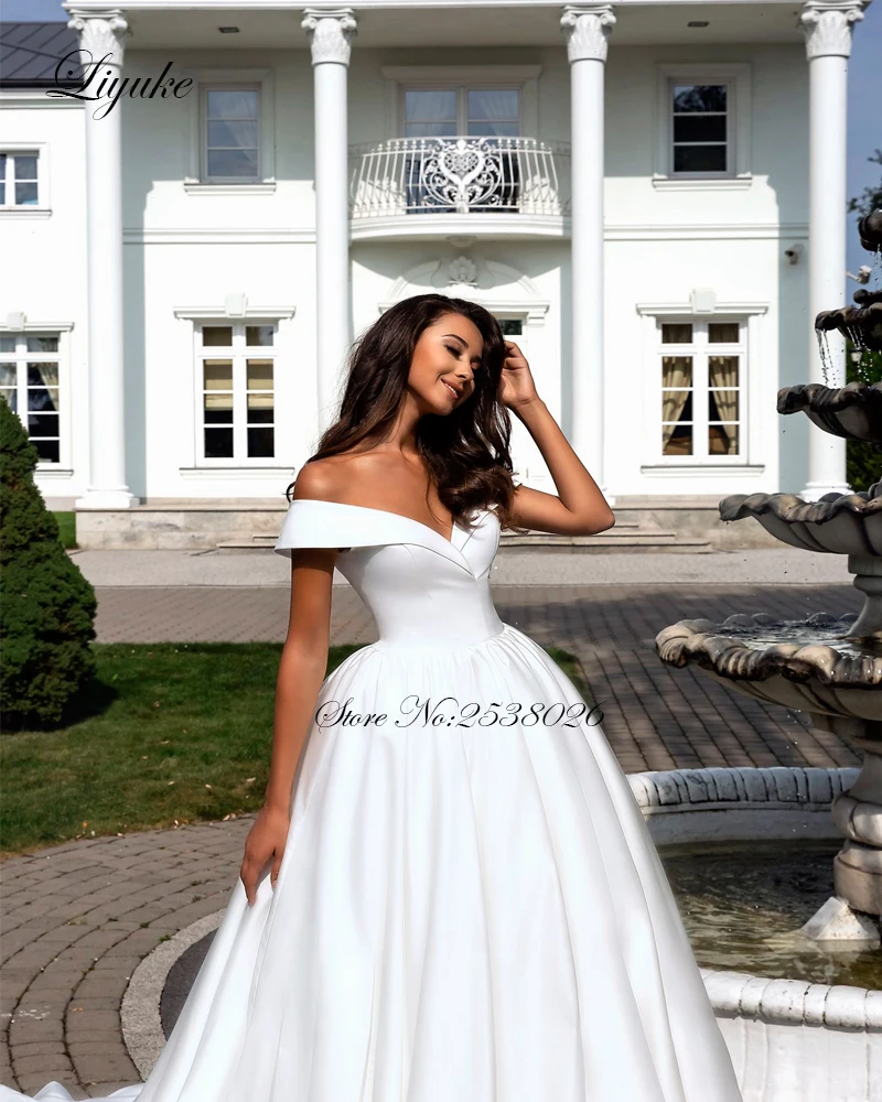 US $239.98 Liyuke Pure White Elegant Satin ALine Wedding Dress With Folden VNeckline Off The Shoulder Wedding Gown