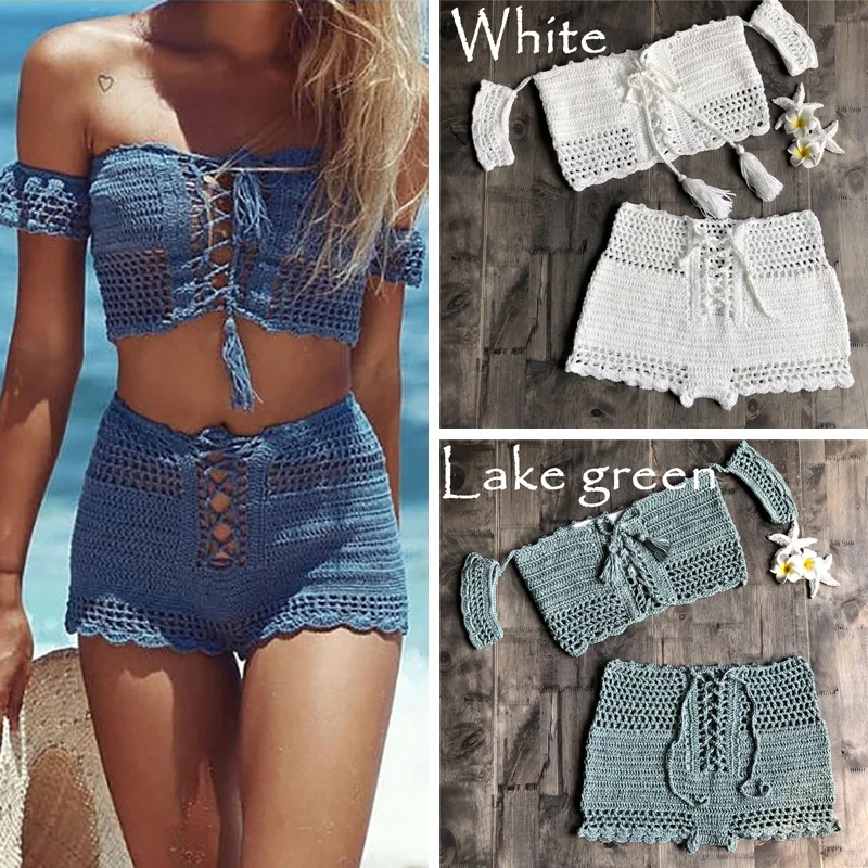 2019 nuevo Bikini de playa de moda conjunto de traje de baño de ganchillo estilo bohemio de hombro bañador hecho a mano borlas Sexy Bikini sujetador 2019 nuevo Bikini de playa de moda conjunto de traje de baño de ganchillo estilo bohemio de hombro bañador hecho a mano borlas Sexy Bikini sujetador