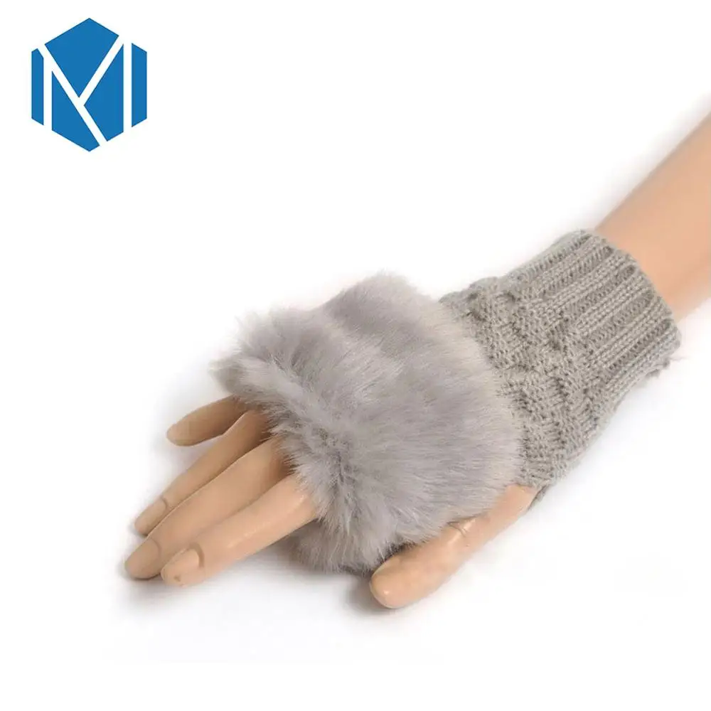 Теплые зимние женские вязаные Лоскутные перчатки из искусственного кроличьего меха бархатные рукавицы на запястье толстые перчатки без пальцев женские теплые мягкие перчатки - Цвет: light grey