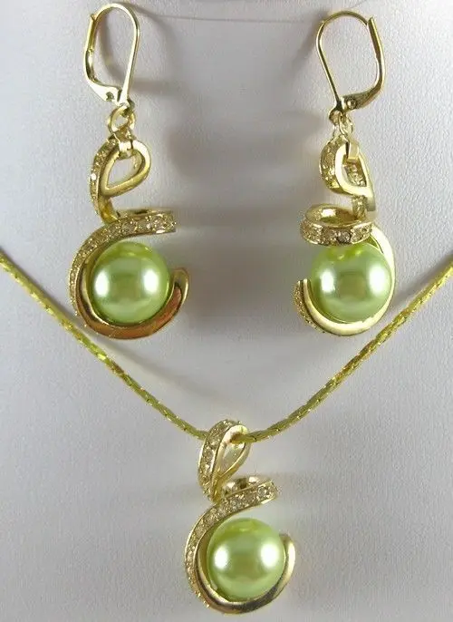 HOT SELL - 12mm gray green shell pearl pendant earring set watch wholesale Quartz stone CZ crystal -Top qu | Украшения и