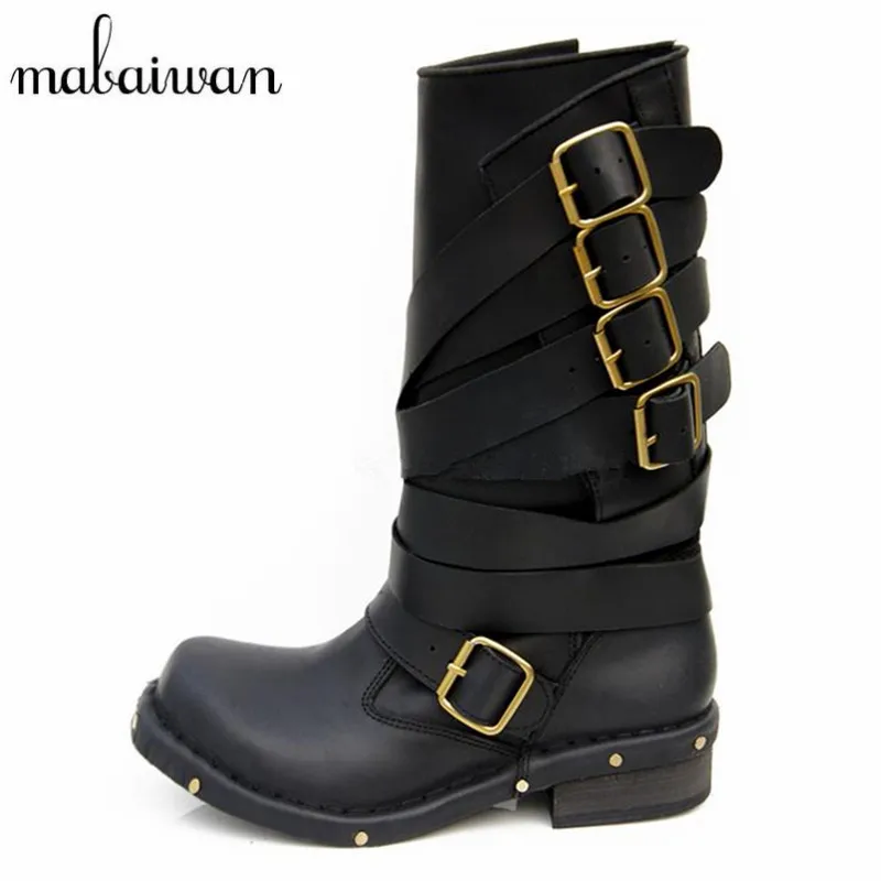 Cowboy marron Militaire Bretelles Moto Mabaiwan Noir Chaussures Vintage Boucle Main Cuir Rivets Mi En Femme mollet Véritable Bottes Femmes 6w6EUq