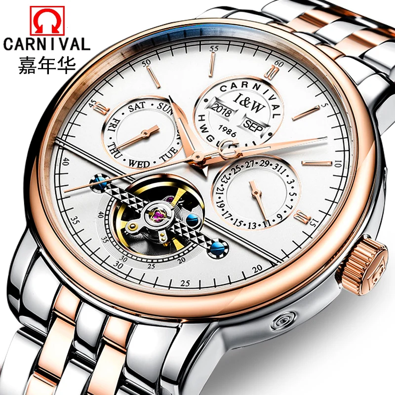 Механические часы Carnival Tourbillon мужские роскошные винтажные Автоматические
