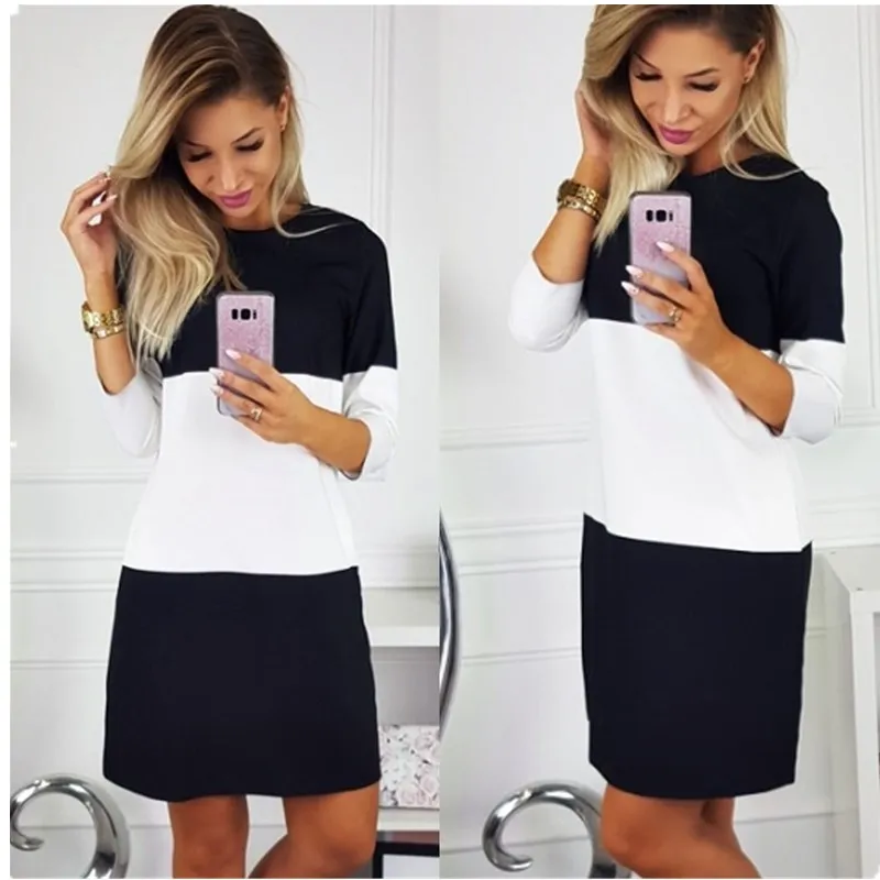 

Black White patchwork Casual Dress 2019 O Neck Long Sleeve Slim Straight Summer Dress Women Loose Mini Dresses Female Sundress