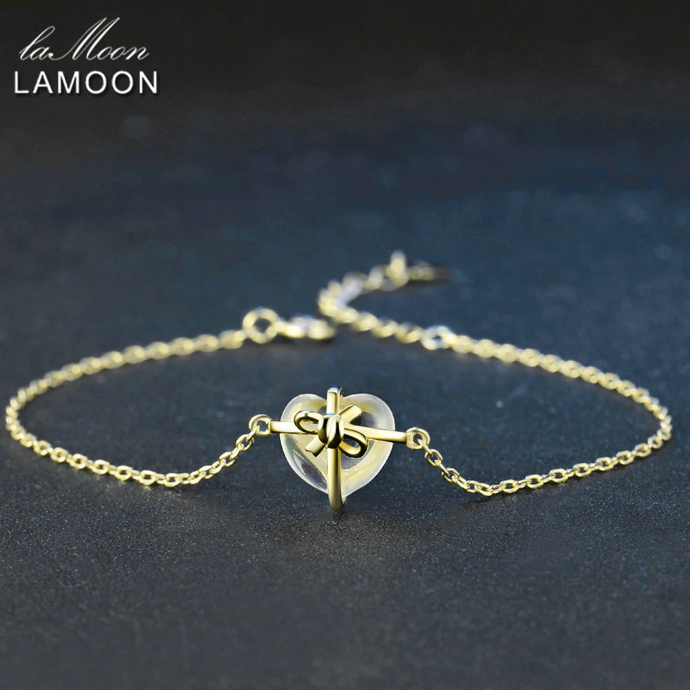 Lamoon Romantic Heart Natural Citrine 925 Sterling Silver Jewelry Chain Charm Bracelet S925 LMHI048