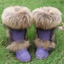 Natrual fur and genine leather women Knee-High Winter Flat Snow Boots Nature Fox Fur Women’s Warm Boots Genuine Leathre Shoes