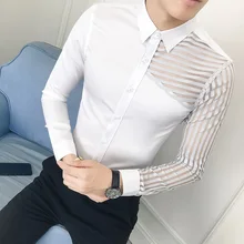 Прозрачная рубашка, осень, с длинным рукавом, прозрачная, однотонная, мужская, Camisa Hombre, облегающая, облегающая, вечерние, Клубная, Сексуальная рубашка