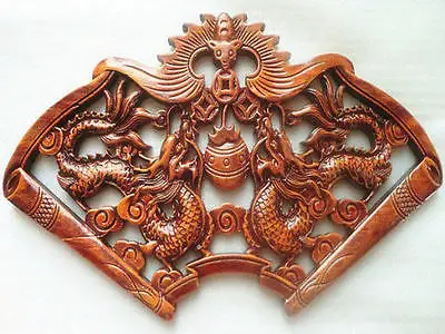 

ART CHINESE HAND CARVED PAIR DRAGON STATUES CAMPHOR WOOD PLATE WALL SCULPTURE***