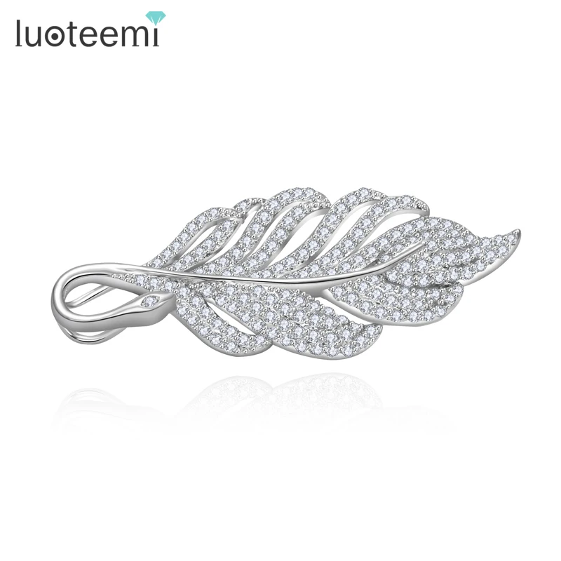 

LUOTEEMI Wholesale Jewelry Supplier New Luxury Fashion Brooches Leaves Korea Style Tree Leaf CZ Wedding Bridal White Gold-Color