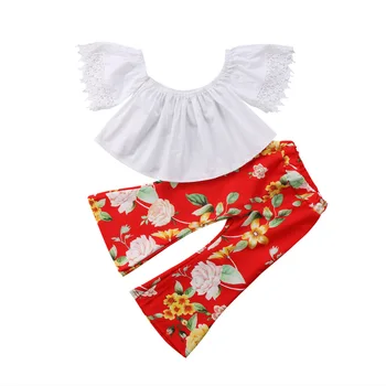 

Kids Clothes For Girls Fashion Baby Girls Clothes White Lace Off Shoulder Tops Floral Printing Bell-bottoms Long Pants Outf