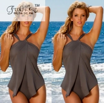 

New Sexy Solid Plus Size Padded Brown Halter Skirt Swimwear Women One Piece Swimsuit Beachwear Bathing Suit