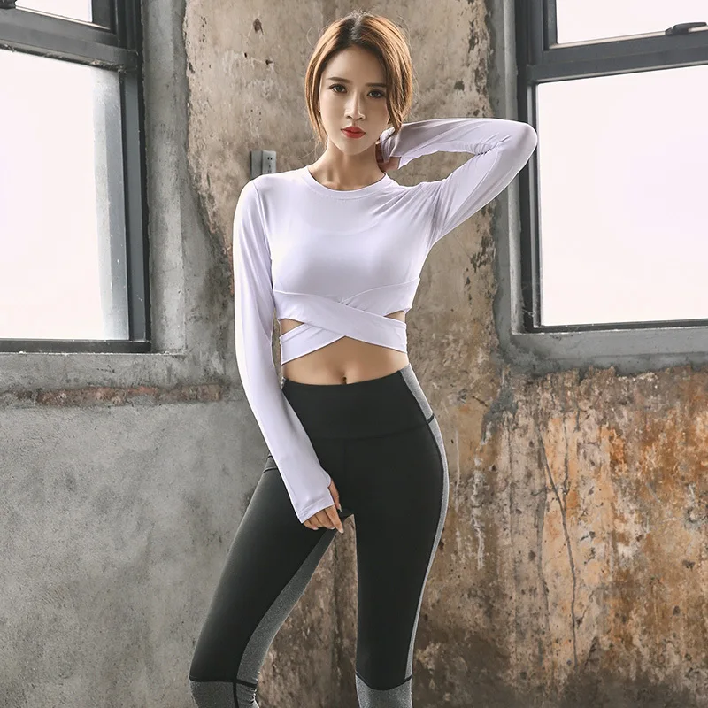 

Yoga T-shirt female gym fitness clothes yoga long-sleeved umbilical cross-sports long-sleeved quick-drying casualsexy yogashirt