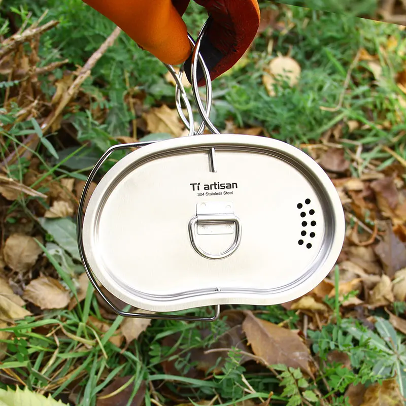 Tiartisan Outdoor Camping 304 Stainless steel Army Edition Canteen Cup Lunch box with Bail handle and Wood stove set
