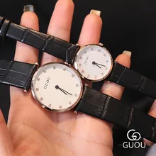 Лидирующий бренд GUOU кварцевые часы для влюбленных женщин и мужчин кожаное платье деловые модные повседневные женские наручные часы со стразами