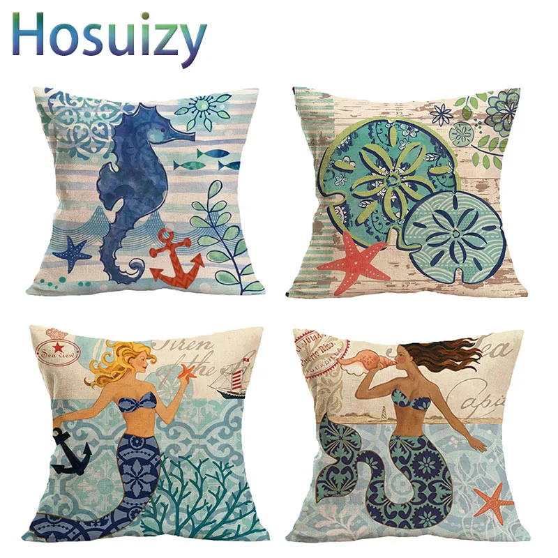 cheap Vintage Retro Mediterranean Cushion Cover Decoration for Sofa Mermaid Blue Sea Turtle Europe Style Home Decor Throw Pillow Case