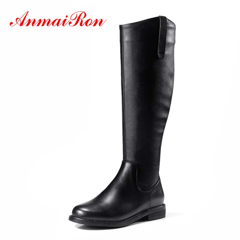 

AnmaiRon Round Toe Basic Zip Knee-High Genuine Leather Winter Boots Women Shoes Winter Boots Women Size 34-42 ZYL1595