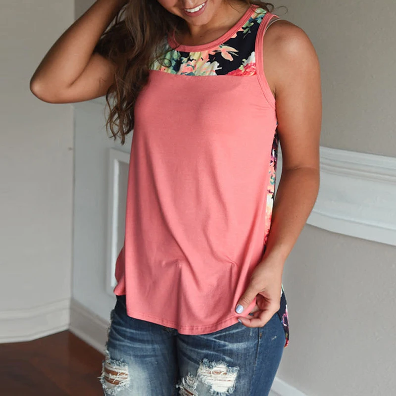 2019 Women Floral Printed T-shirt Womens Casual Loose Patchwork Tank Tops Ladies Summer Sleeveless Top Women's Clothes Plus Size