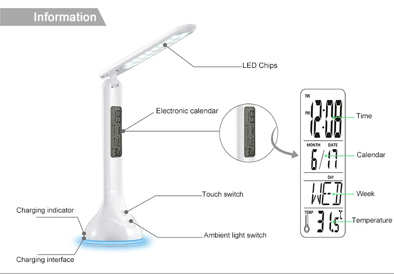 3 уровня dimmable Настольный светильник сенсорные Настольные лампы с Календари Температура будильник и 7 цветов Изменение лампа