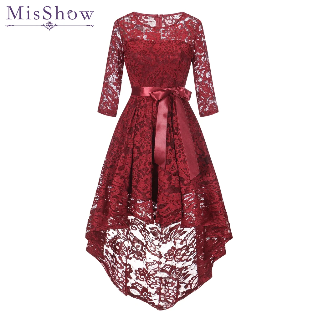 

Short Front Long Back Evening Dress Sexy Scoop neck Lace A-line Party Formal Dress With Belt Homecoming Dresses Robe De Soiree