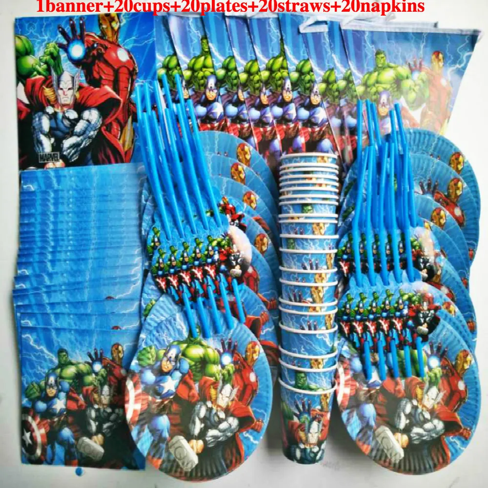 

81pcs 20 person happy birthday kids The Avengers baby shower party decoration set banner table cloth straws cup plates supplier