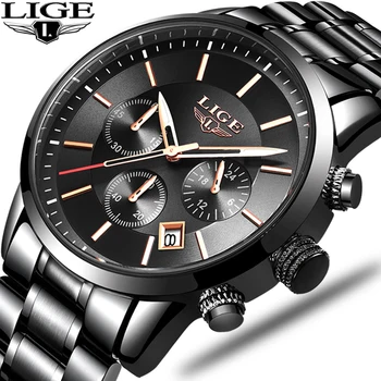 

LIGE Mens Watches Top Brand Luxury Stainless Steel Chronograph Business Quartz Clock Waterproof Date Watch Man Relogio Masculin