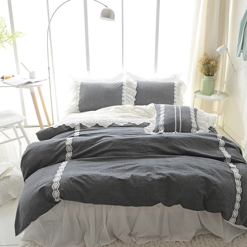 

2017 Washed Cotton luxury Lace Bedding Set soft 3/4/5Pcs Duvet cover set Bedskirt Pillowcases bed linen Twin Queen King size