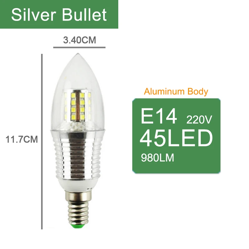 Kaguyahime 3 Вт~ 12 Вт свеча светодиодный светильник E14 золотой алюминий 9 Вт 12 Вт Светодиодный светильник 220 В светодиодный светильник Холодный теплый белый лампада Bombillas Lampara - Испускаемый цвет: 45LEDs Silver Bullet
