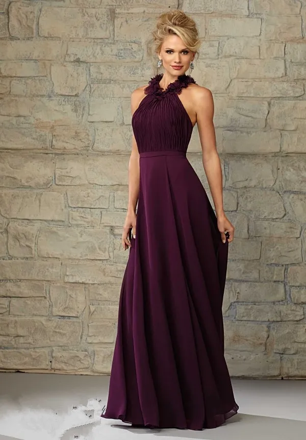 Halter With Flowers Backless Dark Purple Bridesmaid Dress Long Vestido