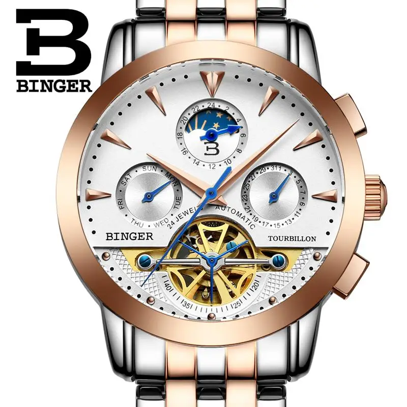 2017 NEW luxury men s font b watcheS b font BINGER brand Mechanical Wristwatches Moon Phase