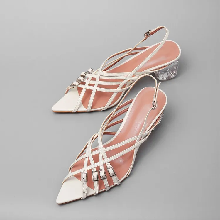 Prova Perfetto/летние сандалии с ремешками и пряжкой; женские сандалии с острым носком; обувь на каблуке с кристаллами; Zapatos Transparentes Mujer;