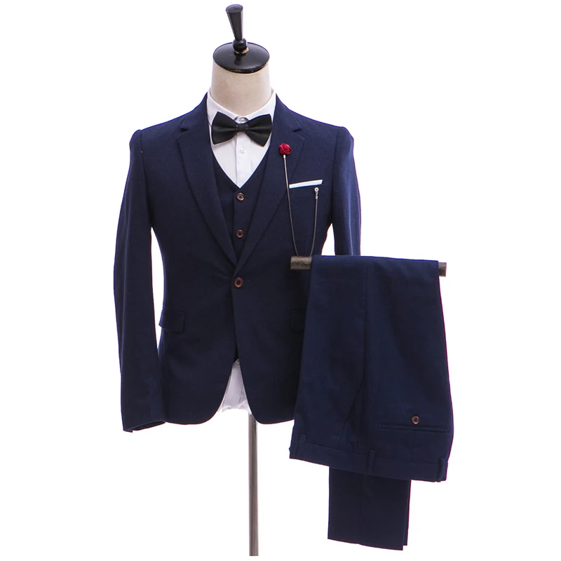 2017 Formal Men's Suits (Jacket+Pants+Vest) One buckle Brand Suit Dark Blue Wedding Suit New