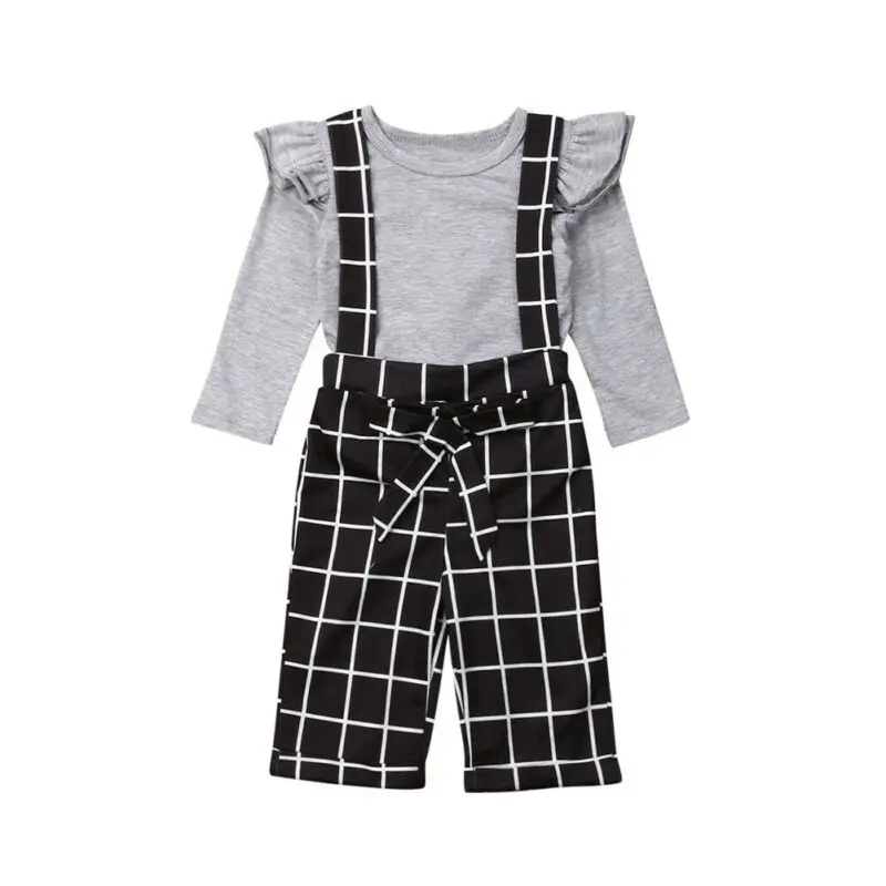 

Casual Kids Baby Girl Autumn Clothes Sets Ruffles Long Sleeve Shirts Plaid Bibs Long Pants 2Pcs Child Girl Outfits 1-6Y