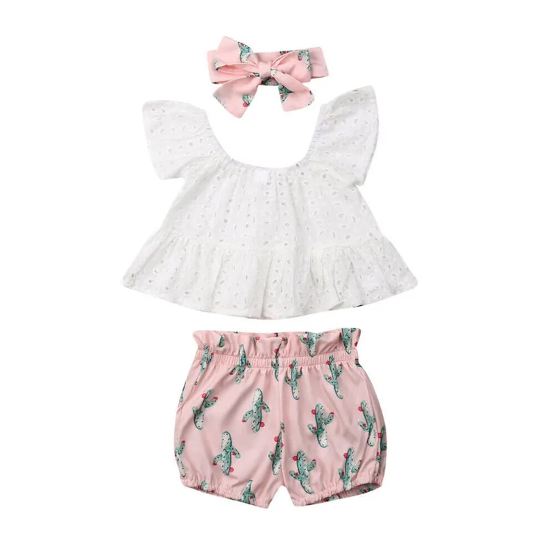 

Baby Girl Cotton Clothes Set Lovely Newborn Baby Girl Clothes Short Sleeve Lace Hollow Off Shoulder Crop Tops Cactus Shorts 3Pcs