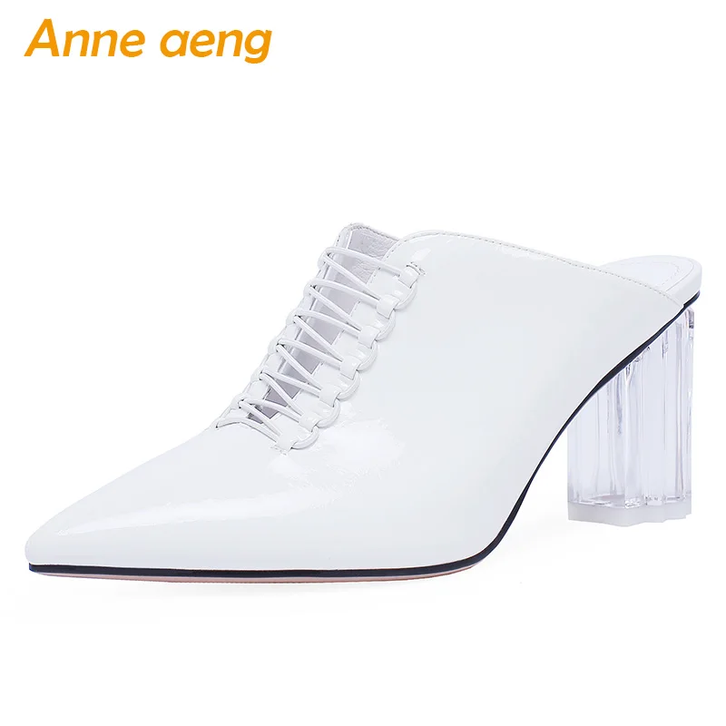 

2019 New Summer Genuine Leather Outside Women Slippers Crystal High Square Heel Sexy Ladies Women Shoes White Mules Slides