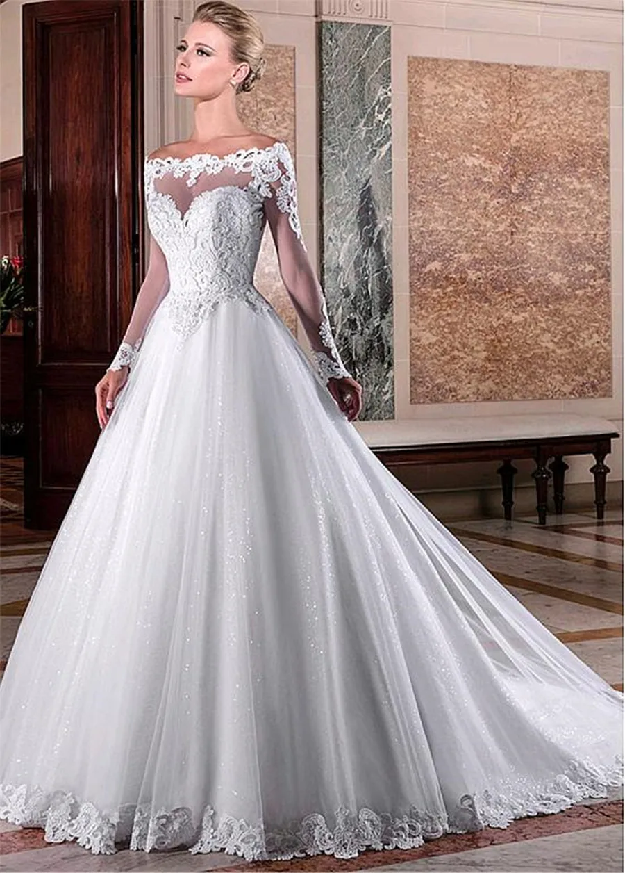 

Delicate Tulle Off-the-shoulder Neckline A-line Wedding Dresses With Beadings & Lace Appliques Bridal Dresses