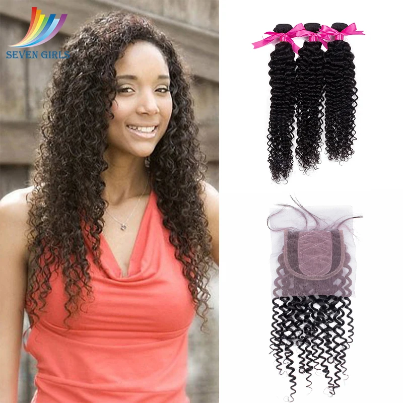 

Sevengirls Deep Curly 3Bundles With 4*4 Silk Base Closure Malaysian Natural Color 100% Virgin Human Hair Raw Hair For Women