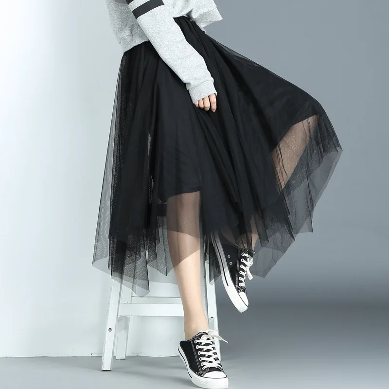 

Fashion Irregular Tulle Skirt Women Long Maxi Skirt 2019 Spring Summer Korean Black Gray Apricot High Waist Pleated Skirt Female
