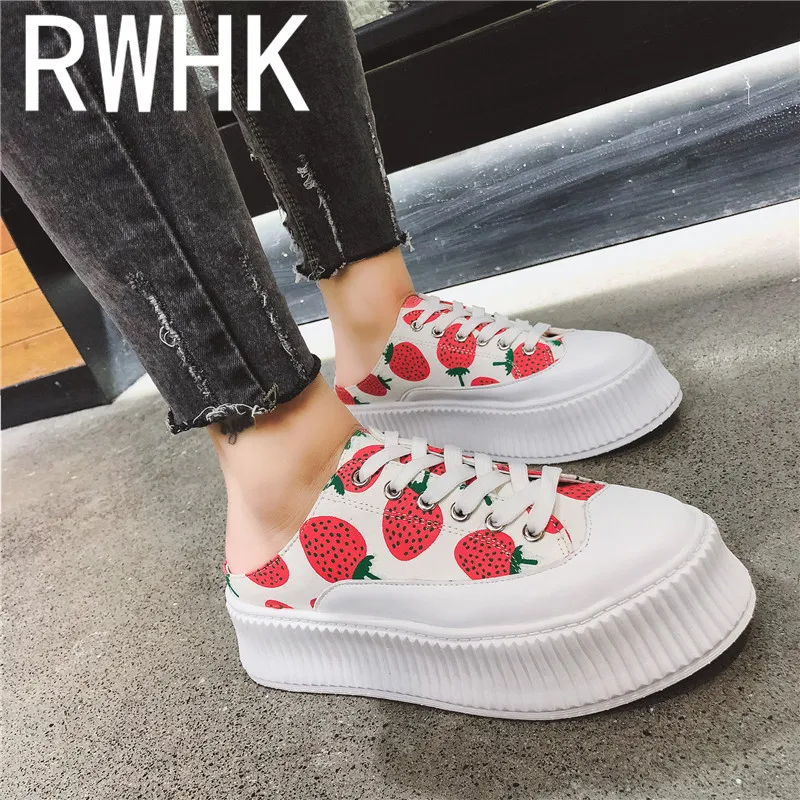 

RWHK 2019 summer new casual baotou slippers muffin thick bottom strawberry without heel lace lazy half slippers women B135