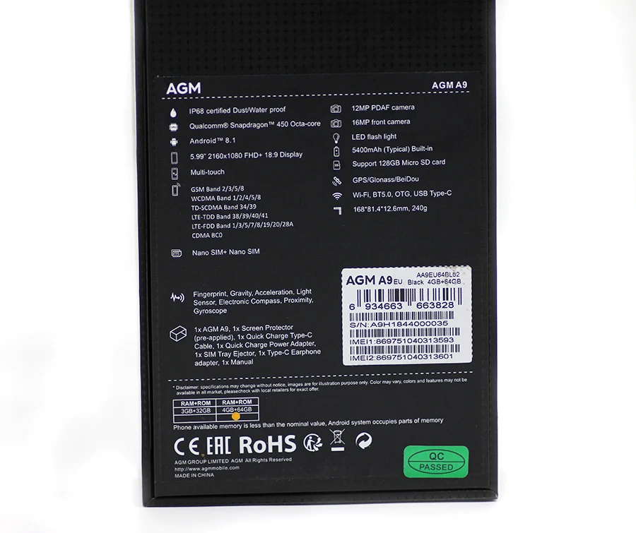 AGM A9 NFC 18:9 дисплей IP68 Водонепроницаемый прочный 5 99 &quotFHD + Android 8 1 Snapdragon 450 Octa core 4 GB 64