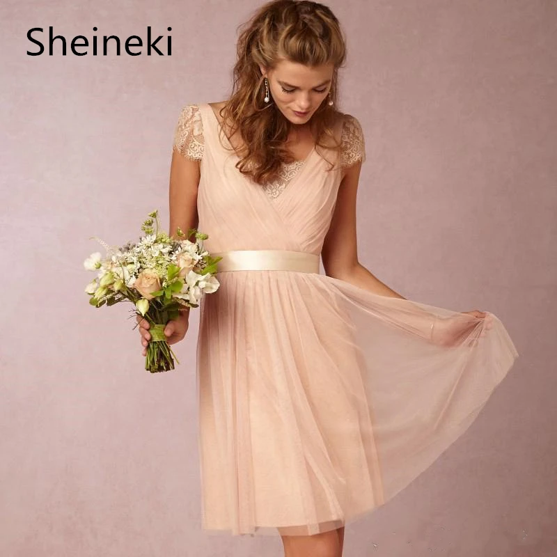 

Sexy Simple Sheer V Neck Beach Bridesmaid Dresses Peach Backless Cap Sleeve Tea-Length Bridesmaid Dress vestido de festa longo