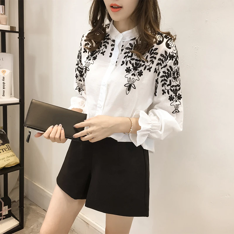 Embroidery Blouse Shirt Cotton Linen Women Blouses Stand Collar White Black Embroidered Tops Female Clothing Camisas Femininas