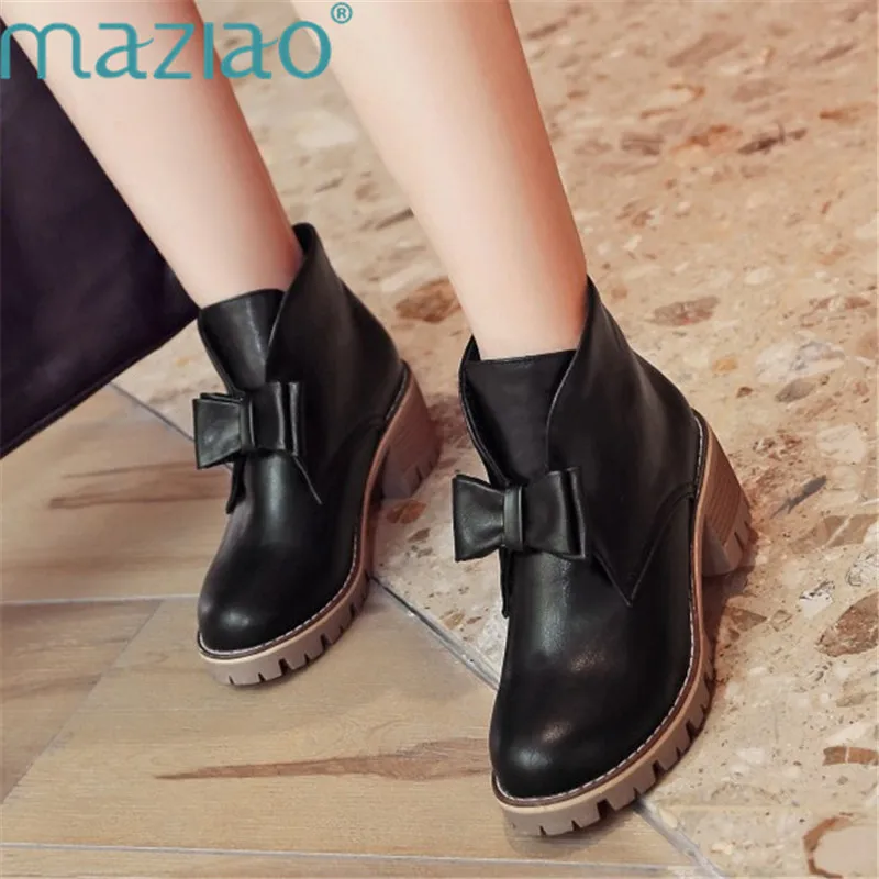 

Ladies Ankle Boots Women Flock Slip on High Heels Boot Female Round Toe Butterfly-knot Autumn Boots MAZIAO