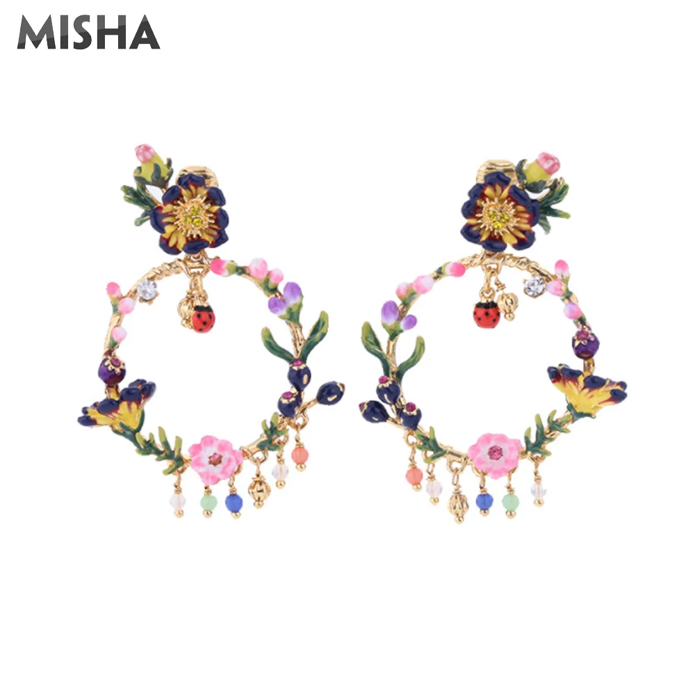 

MISHA Luxury Women Earrings Handmade Enamel Glaze Flowers Simulated Gem Jewelry Vintage Style Gifts For Girls 507