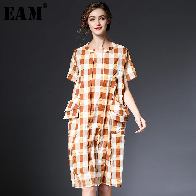 [EAM] 2018 New Summer Fashion Tide Orange O-neck Short Sleeve Plaid Patchwork Pockets Loose Casual Woman Dress SA119