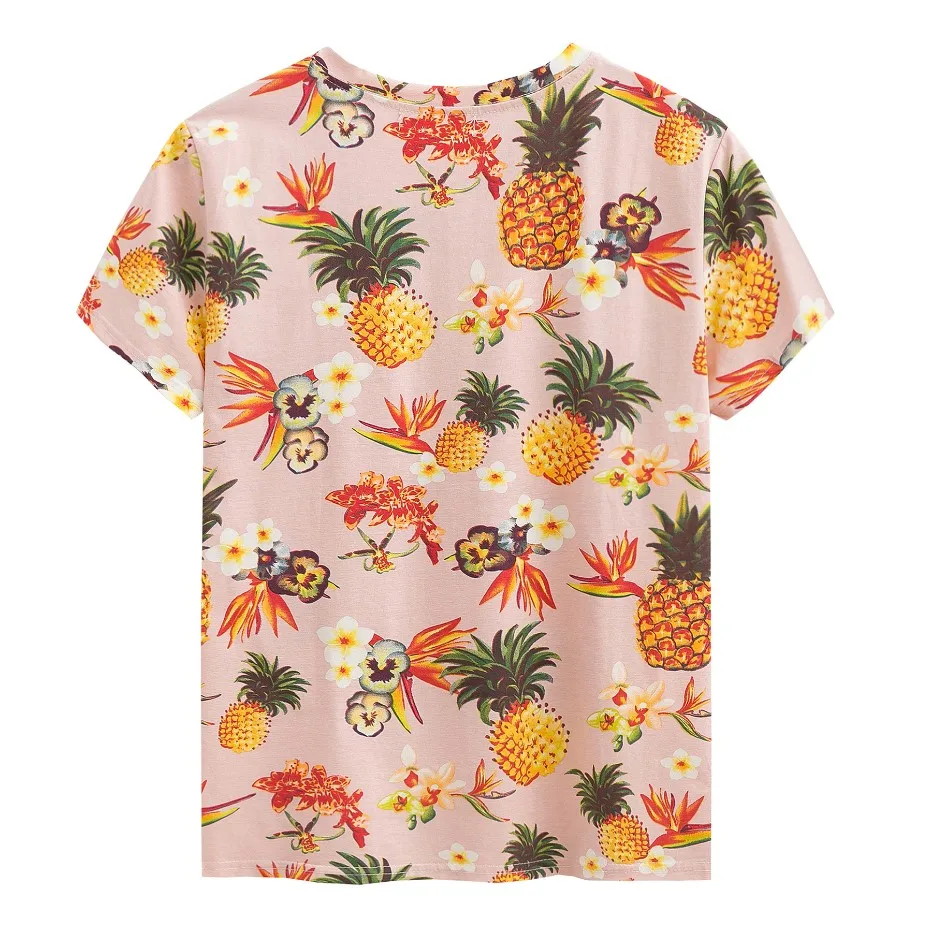 JKKUCOCO Newest Top Hot Tees Flowers Pineapple t-shirt Women t shirt Cotton Shirt Women Tops Short Sleeve Casual T-shirt 2 Color