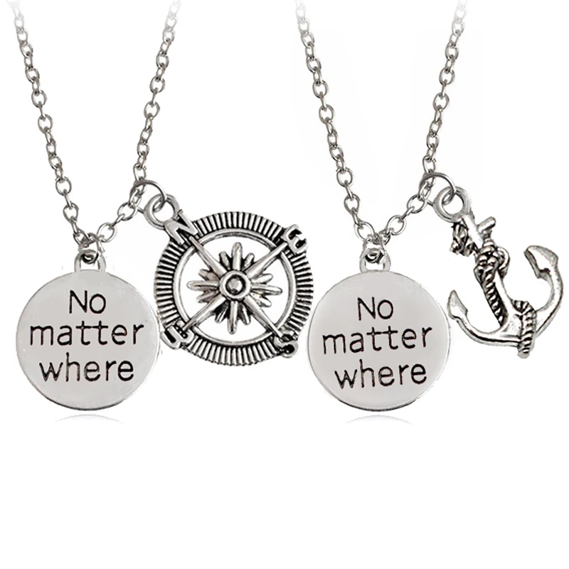 2 pçs/set Punk Rock Estilo Compass Anchor Letter "não importa onde" colar casal gargantilha Para Mulheres Moda Presente Da Jóia