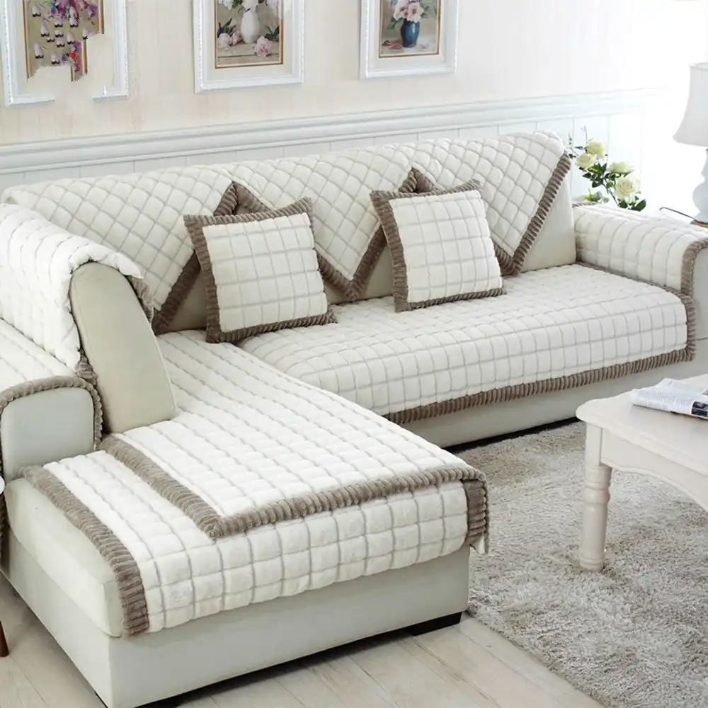White Grey Plaid Sofa Cover Plush Long Fur Slipcovers Fundas De Sectional Couch Covers Free Shipping