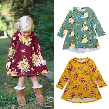 

Kids Girls Dress Long Sleeve Flower Printed Party Princess Dresses New