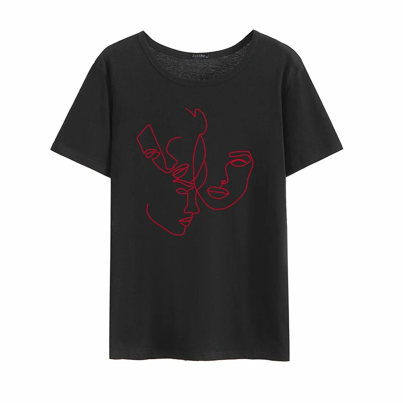 Абстрактная линия печати летние женские Harajuku с коротким рукавом черные модные забавные Ретро свободные большие размеры S-2XL женские футболки топы